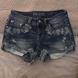 Grace In LA Blue Denim Women's Shorts With Embroidered Flowers